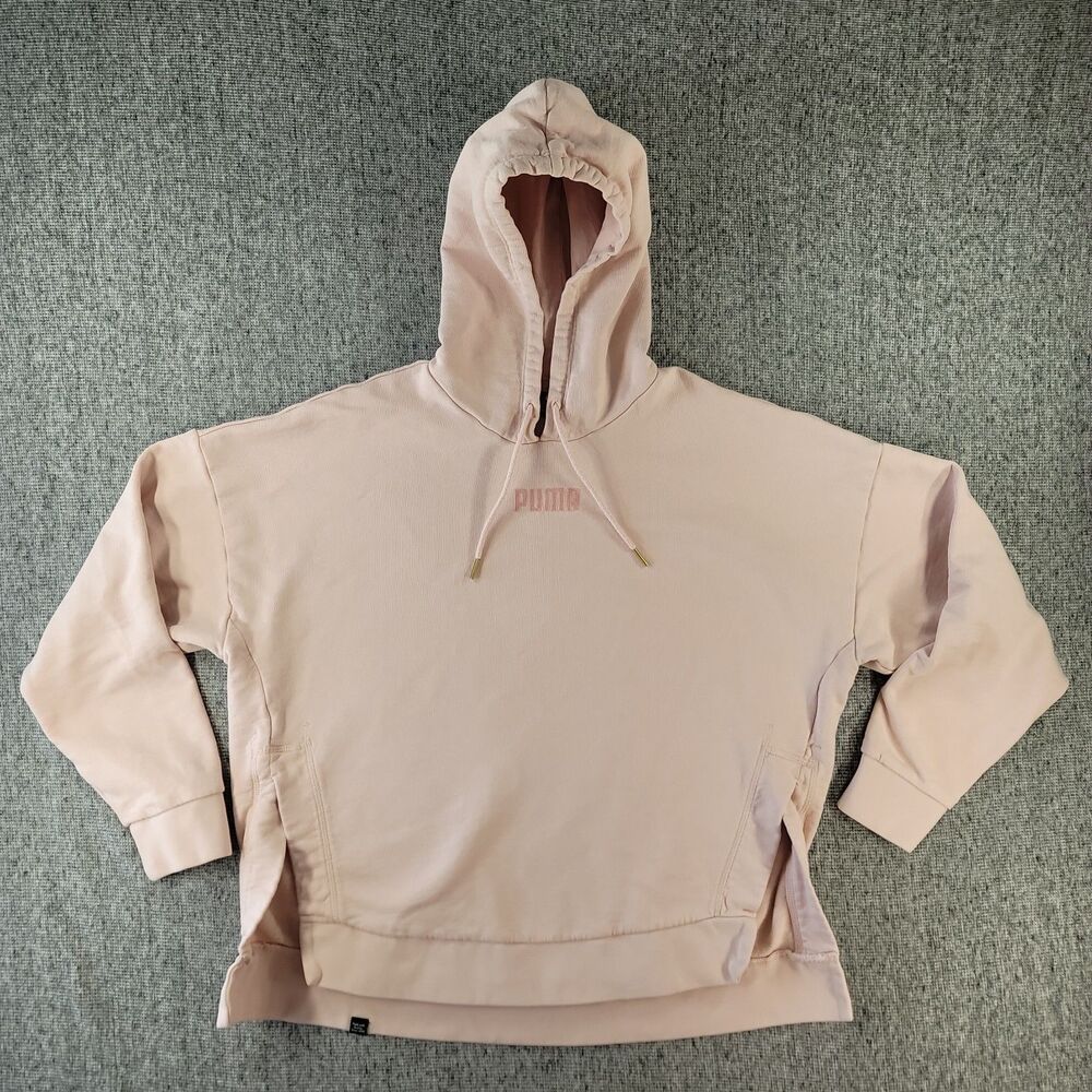 PUMA Women Hoodie Small Pink Long Sleeve Side Slit Embroidered Logo Pullover